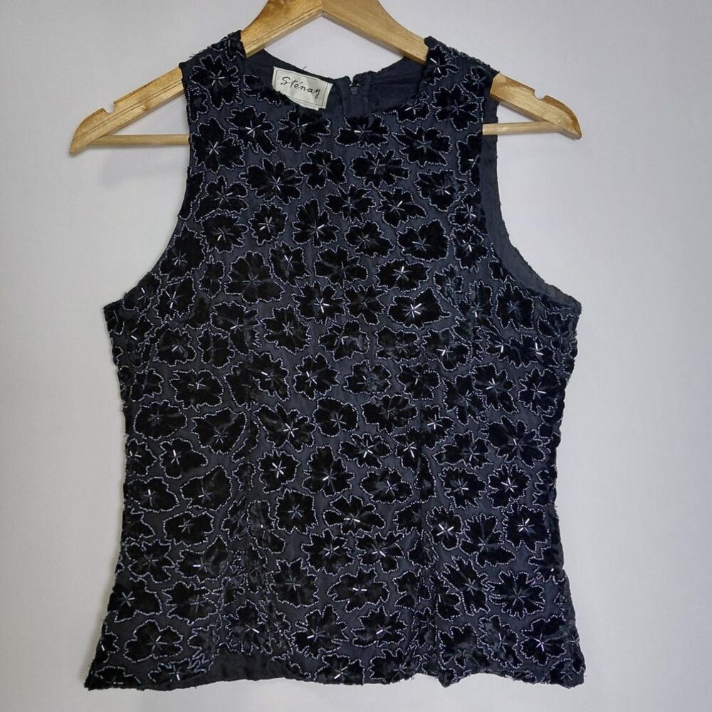 Sténay Spray Beaded Sequin Rayon Black Gray Sleeveless Top Women Floral Size 6